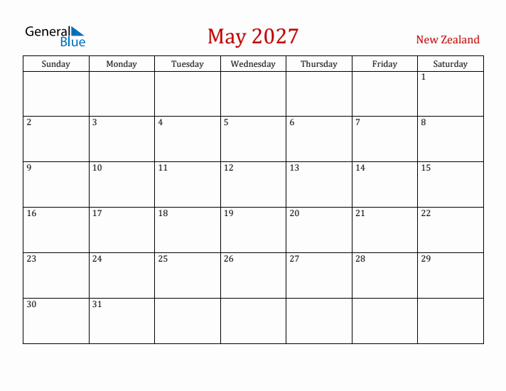 New Zealand May 2027 Calendar - Sunday Start