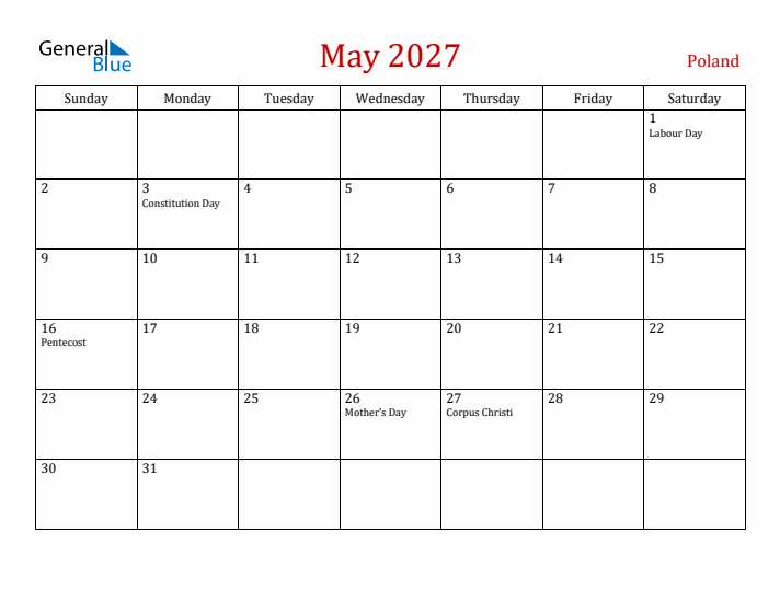 Poland May 2027 Calendar - Sunday Start