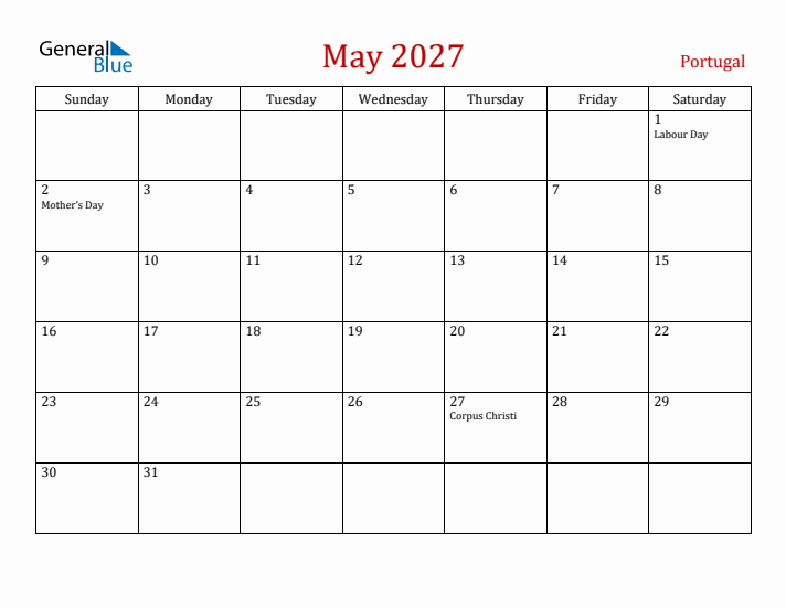 Portugal May 2027 Calendar - Sunday Start
