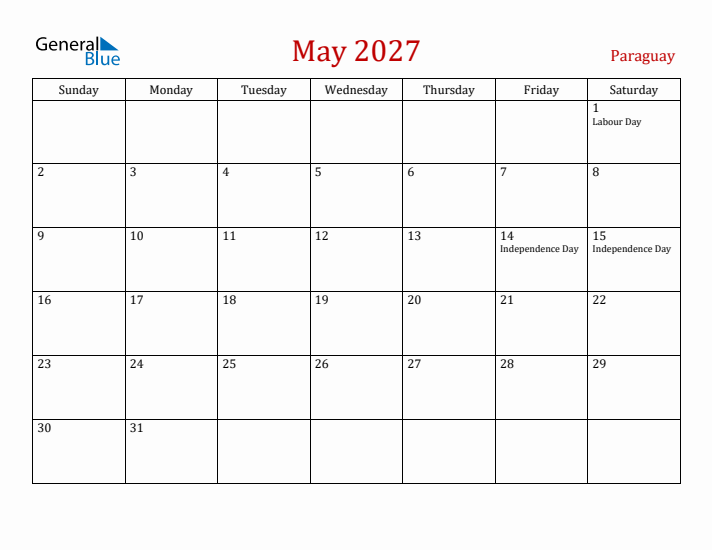 Paraguay May 2027 Calendar - Sunday Start