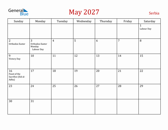 Serbia May 2027 Calendar - Sunday Start