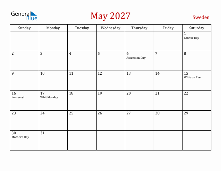 Sweden May 2027 Calendar - Sunday Start