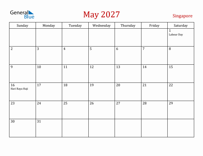 Singapore May 2027 Calendar - Sunday Start