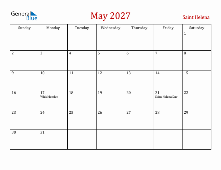 Saint Helena May 2027 Calendar - Sunday Start