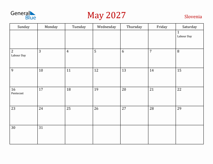 Slovenia May 2027 Calendar - Sunday Start