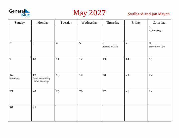 Svalbard and Jan Mayen May 2027 Calendar - Sunday Start