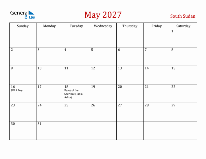 South Sudan May 2027 Calendar - Sunday Start