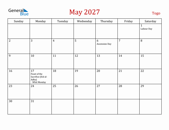 Togo May 2027 Calendar - Sunday Start