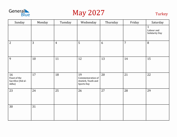 Turkey May 2027 Calendar - Sunday Start