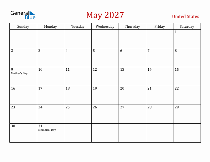 United States May 2027 Calendar - Sunday Start
