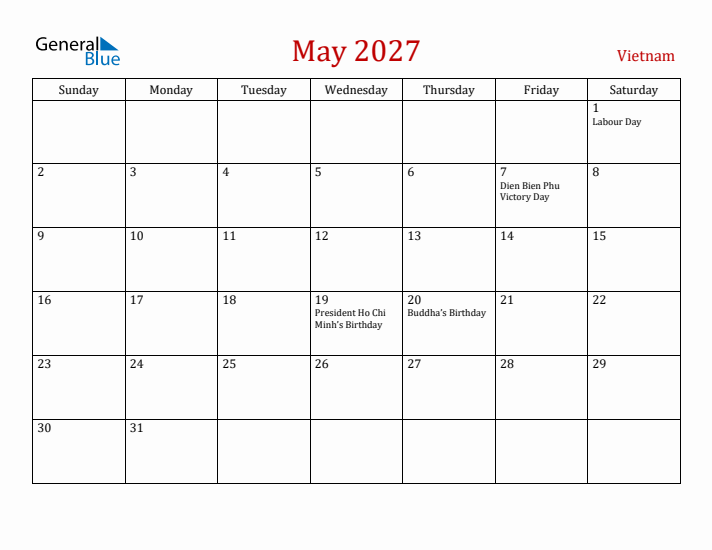 Vietnam May 2027 Calendar - Sunday Start