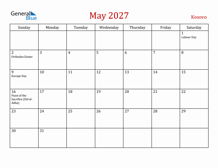 Kosovo May 2027 Calendar - Sunday Start