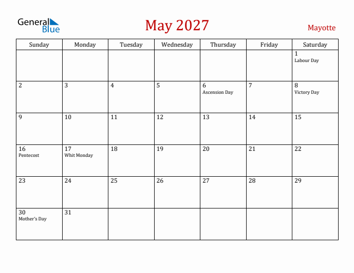 Mayotte May 2027 Calendar - Sunday Start