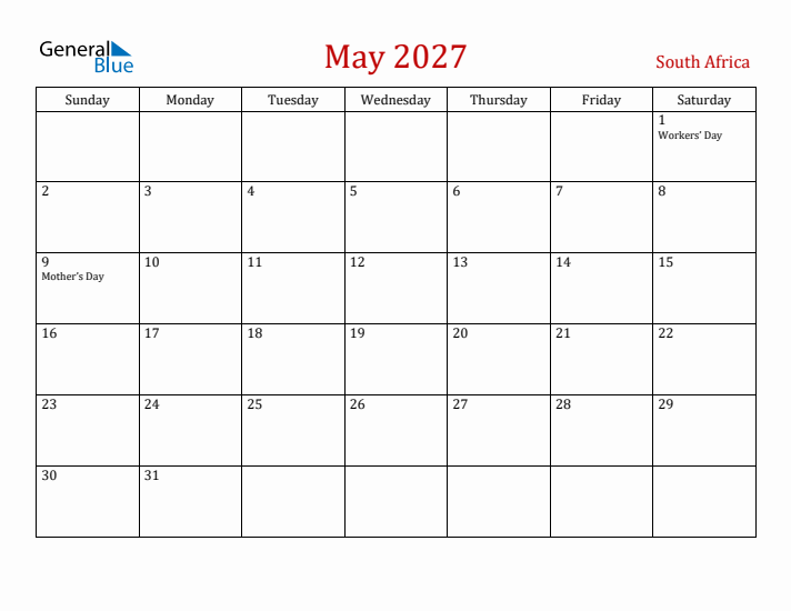 South Africa May 2027 Calendar - Sunday Start