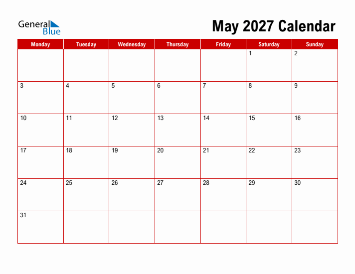 Simple Monthly Calendar - May 2027