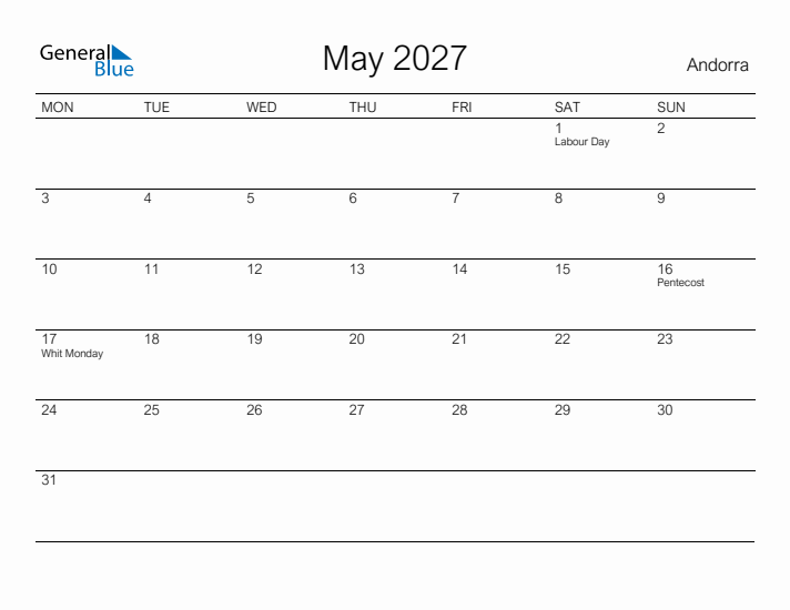 Printable May 2027 Calendar for Andorra