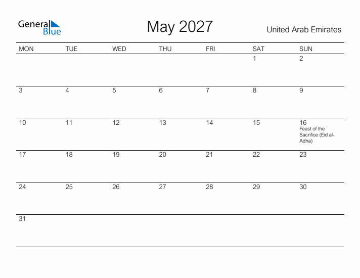 Printable May 2027 Calendar for United Arab Emirates