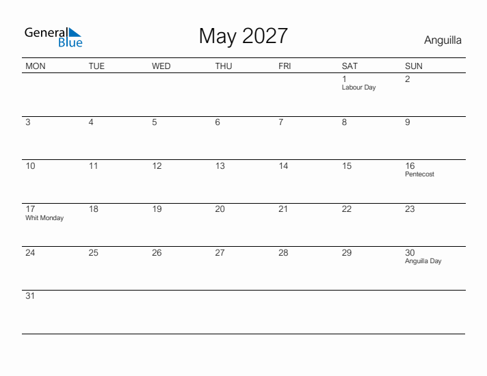 Printable May 2027 Calendar for Anguilla