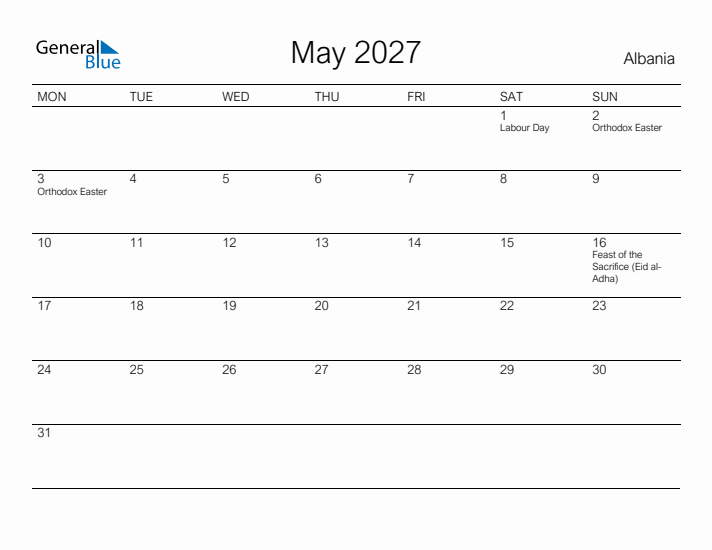 Printable May 2027 Calendar for Albania
