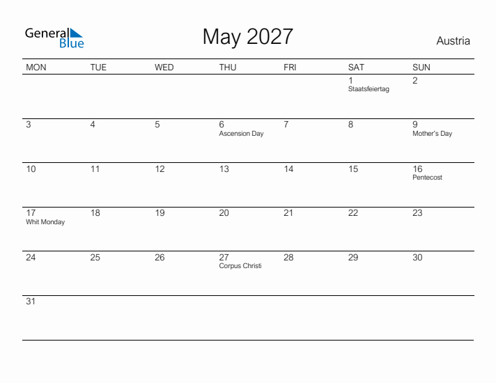 Printable May 2027 Calendar for Austria