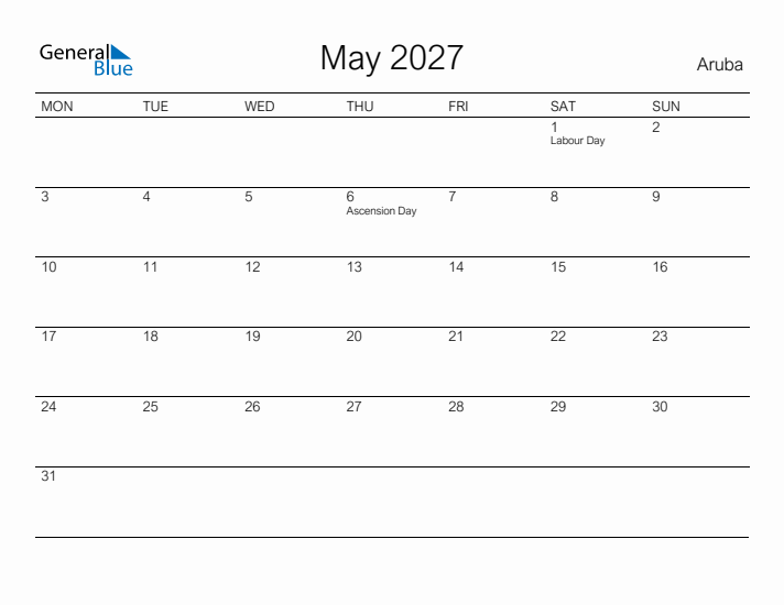 Printable May 2027 Calendar for Aruba