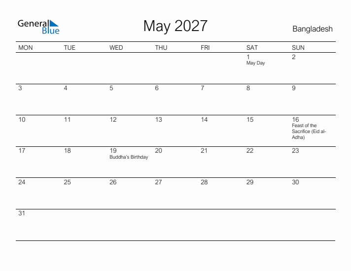 Printable May 2027 Calendar for Bangladesh