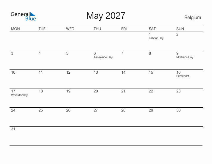 Printable May 2027 Calendar for Belgium