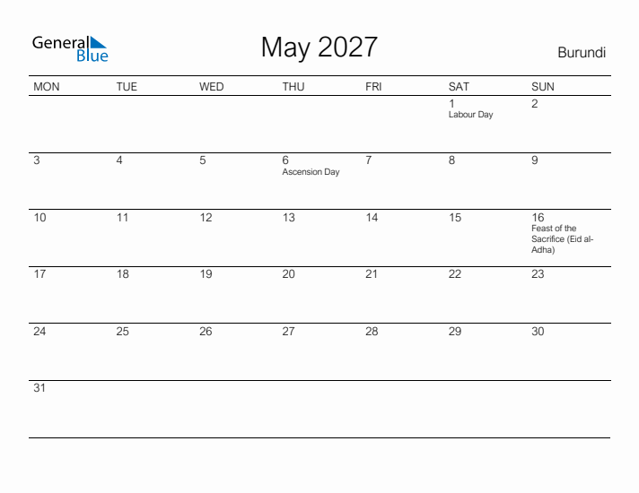 Printable May 2027 Calendar for Burundi