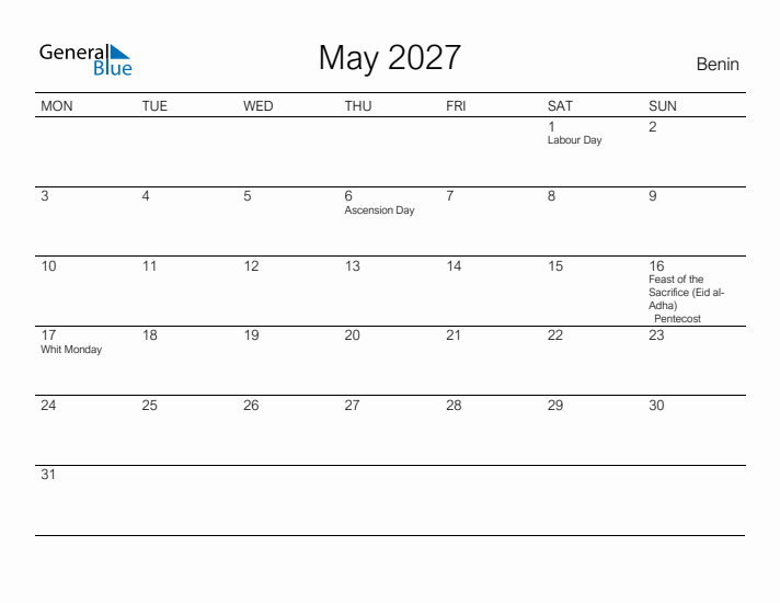 Printable May 2027 Calendar for Benin