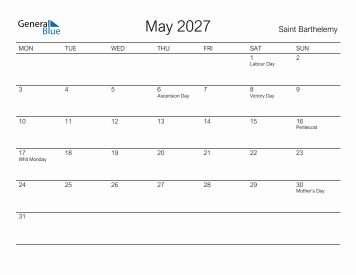 Printable May 2027 Calendar for Saint Barthelemy