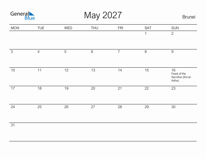 Printable May 2027 Calendar for Brunei