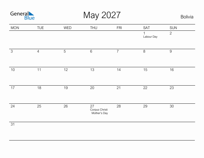 Printable May 2027 Calendar for Bolivia