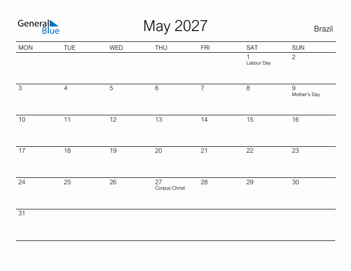 Printable May 2027 Calendar for Brazil