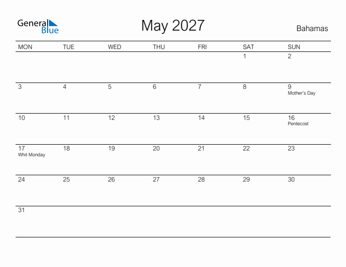 Printable May 2027 Calendar for Bahamas