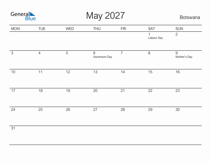 Printable May 2027 Calendar for Botswana