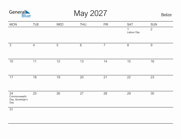 Printable May 2027 Calendar for Belize