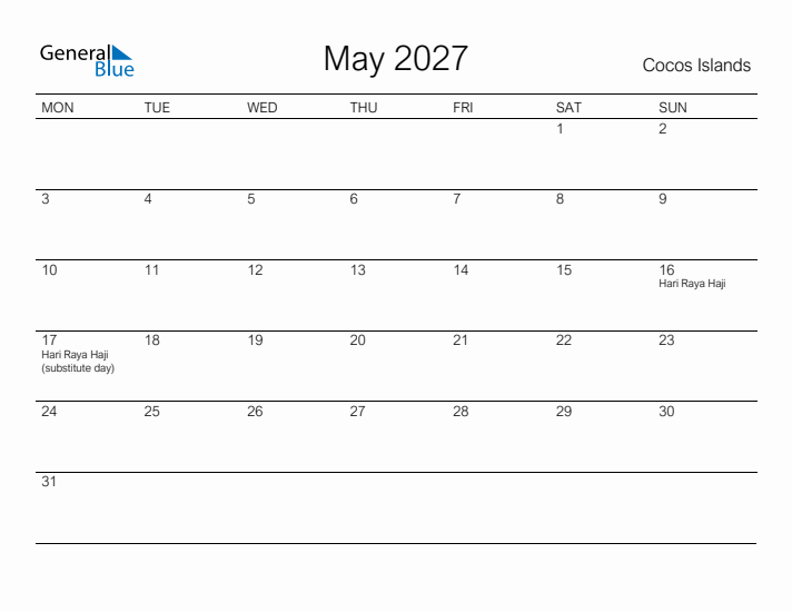 Printable May 2027 Calendar for Cocos Islands