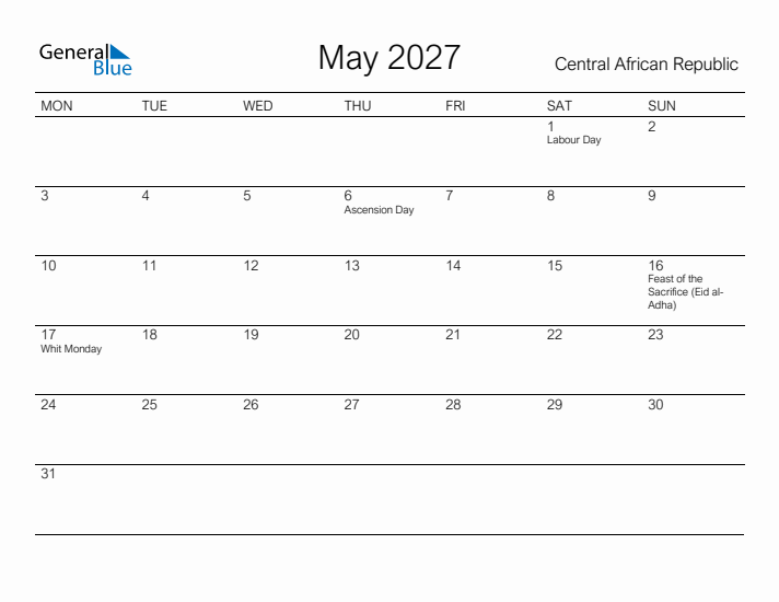 Printable May 2027 Calendar for Central African Republic