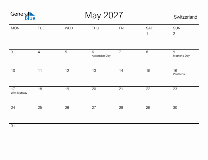 Printable May 2027 Calendar for Switzerland