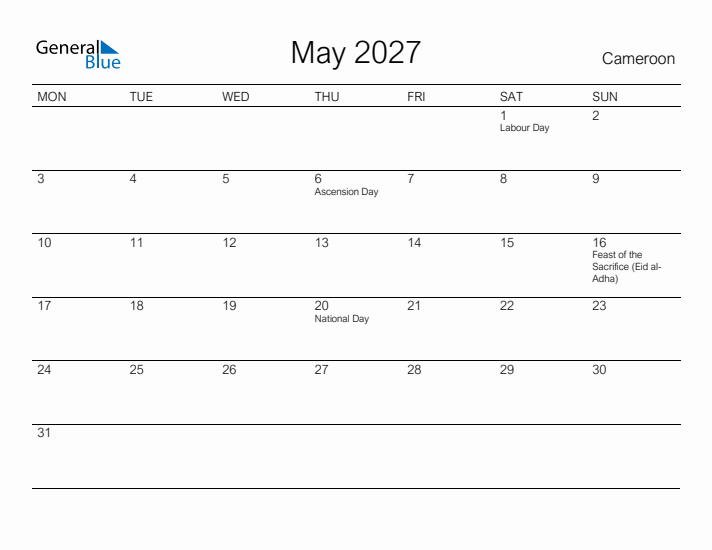 Printable May 2027 Calendar for Cameroon