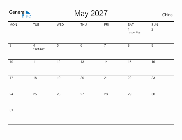 Printable May 2027 Calendar for China