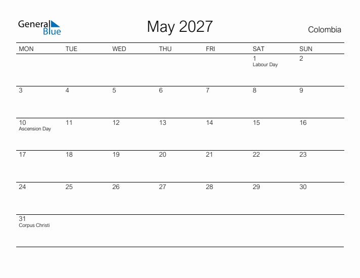 Printable May 2027 Calendar for Colombia