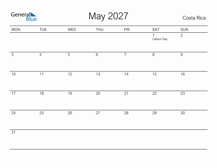 Printable May 2027 Calendar for Costa Rica