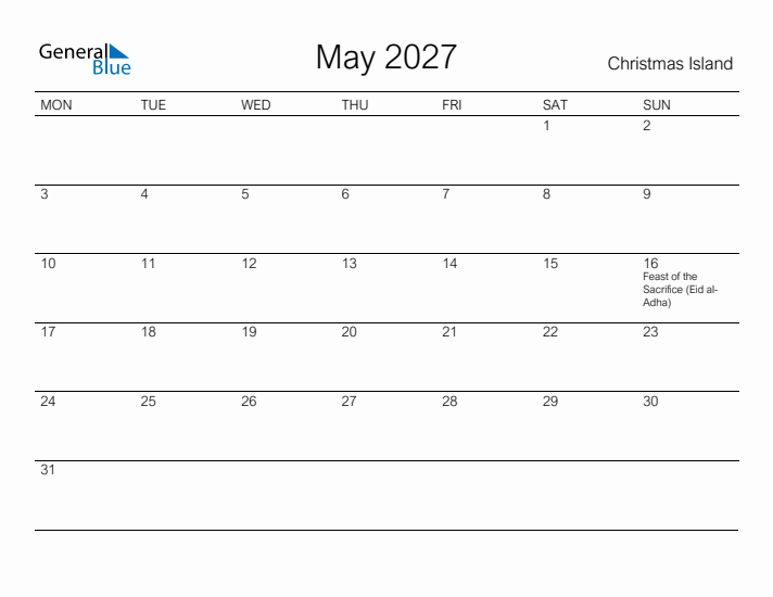 Printable May 2027 Calendar for Christmas Island
