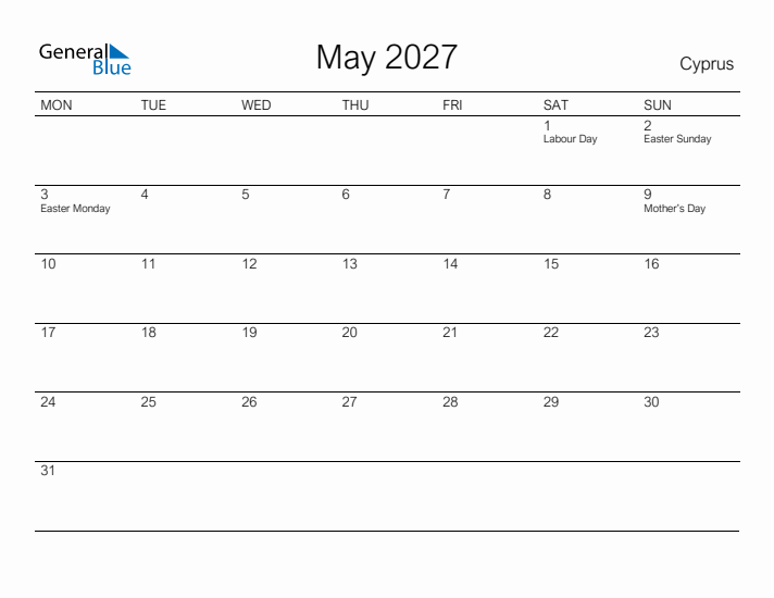 Printable May 2027 Calendar for Cyprus
