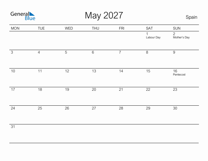 Printable May 2027 Calendar for Spain
