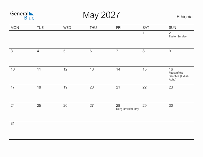 Printable May 2027 Calendar for Ethiopia