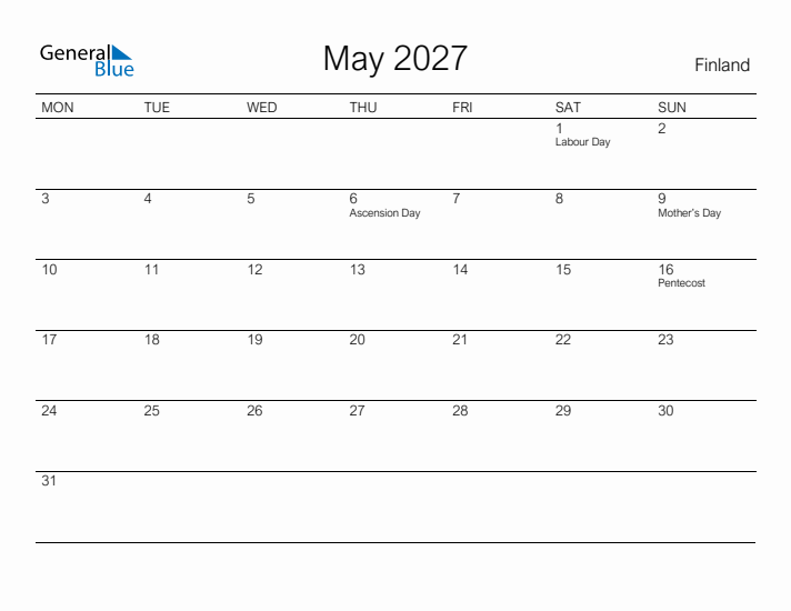 Printable May 2027 Calendar for Finland