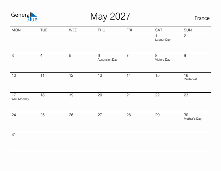 Printable May 2027 Calendar for France
