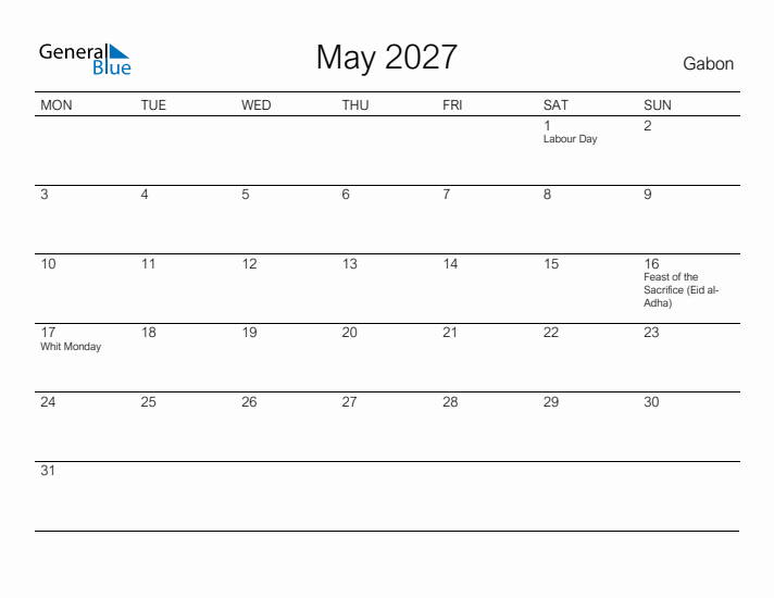 Printable May 2027 Calendar for Gabon